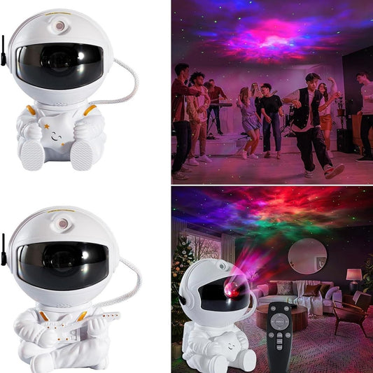 College showing astronaut projector robot, people dancing under galaxy lights, and remote control view with nebula projection
