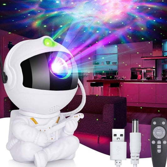 Astronaut Galaxy Projector Light with remote control and USB cable projecting colorful nebula lights in a dark room.