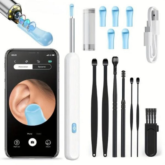 Ear cleaning tool set with smartphone app, ear canal view, and various tools on a white background