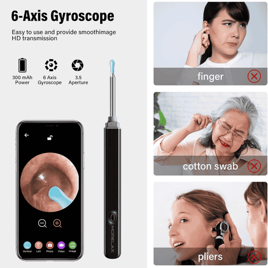 Ear inspection tool with smartphone app, showing images of incorrect and correct usage.