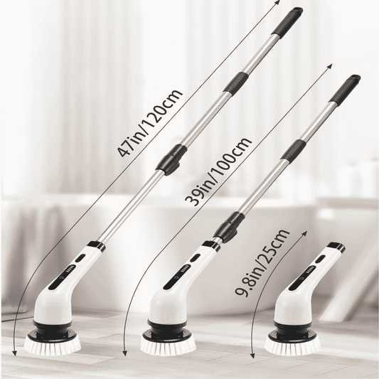 Electric spin scrubber showing 25m, 100cm, and 120cm adjustable handle lengths for different cleaning needs