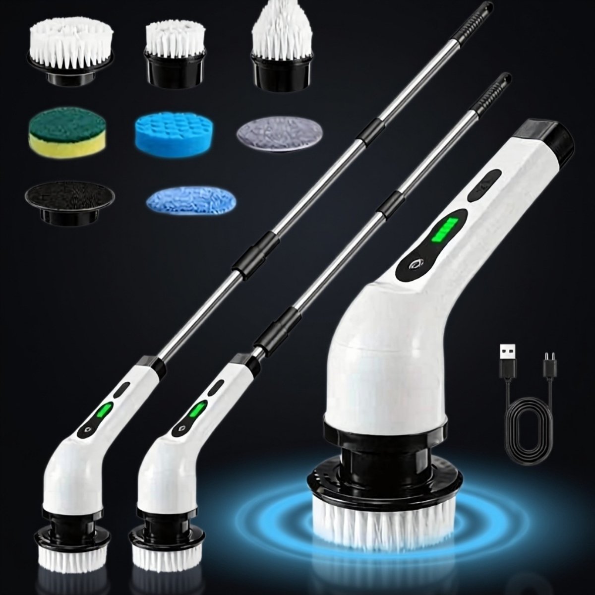 Electric spin scrubber rechargeable cordless cleaning brush with adjustable handle for home use.