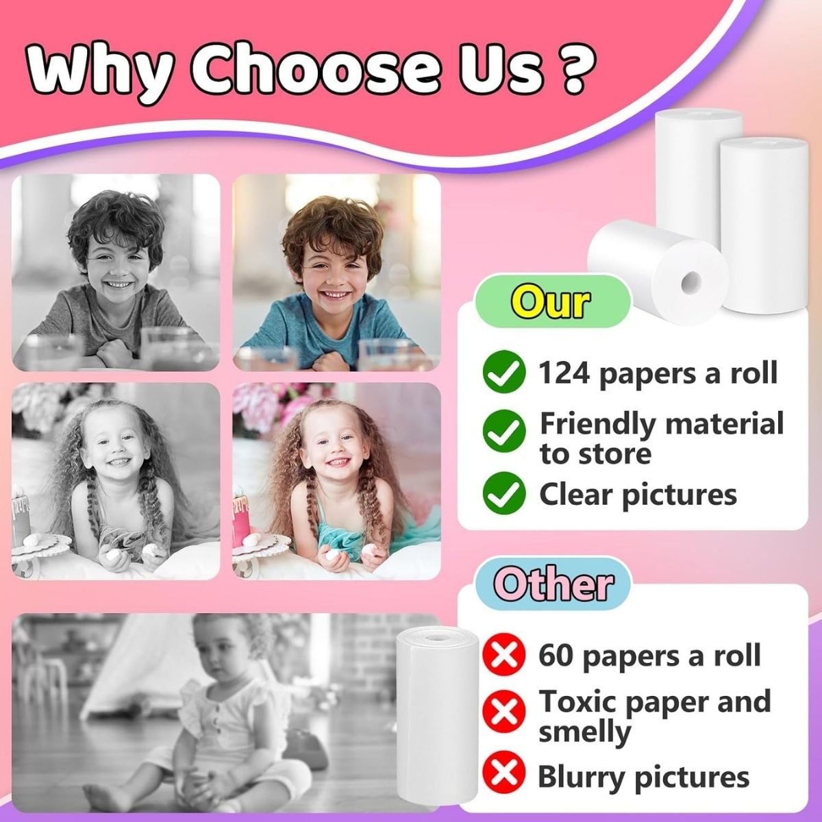 Comparison showing our eco-friendly thermal paper with clear photos versus low-quality toxic paper