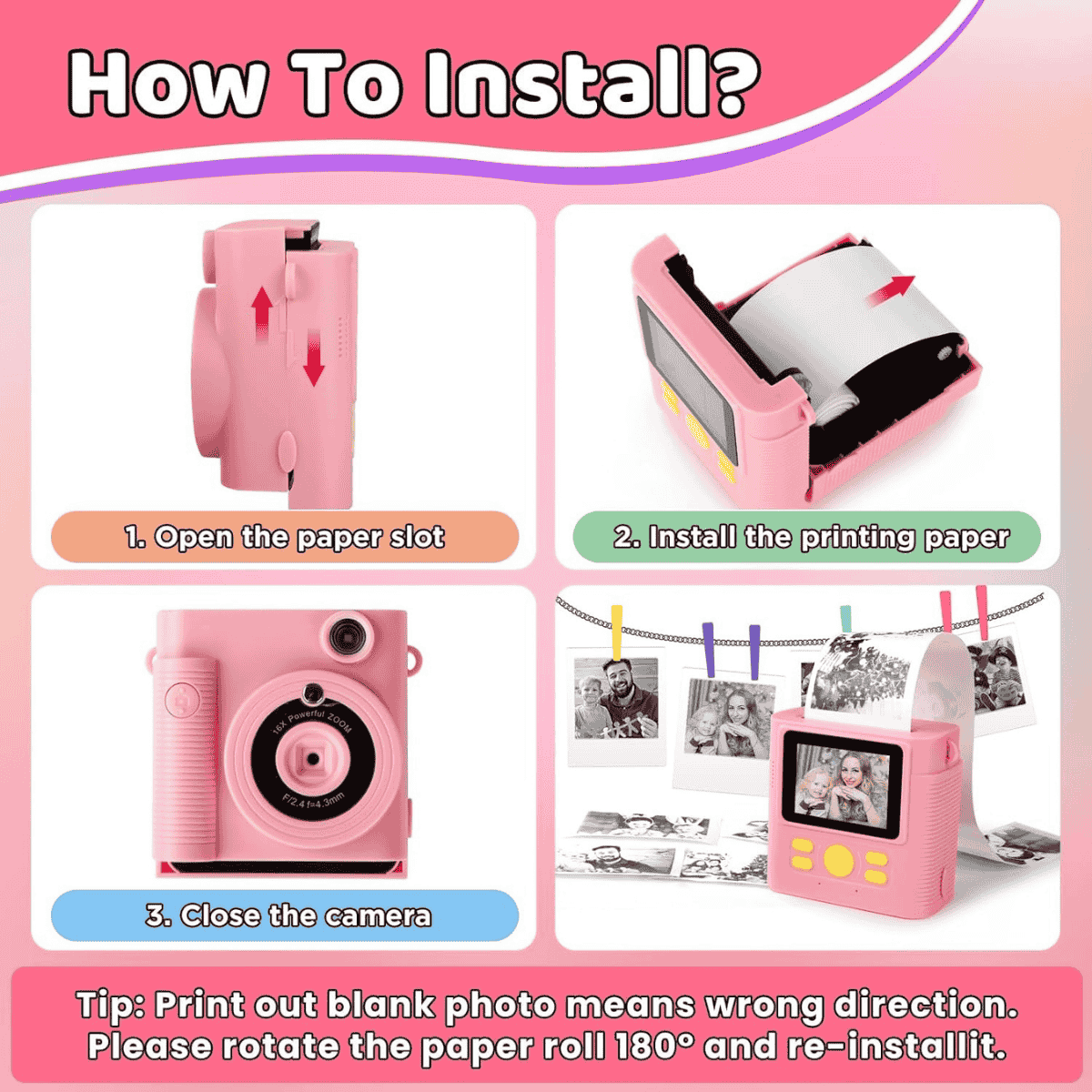 Step by step guide showing how to install thermal print paper in mini camera