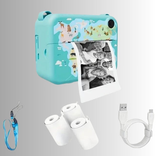 Blue instant print camera for kids with three paper rolls and USB cable, fun digital toy camera for boys and girls