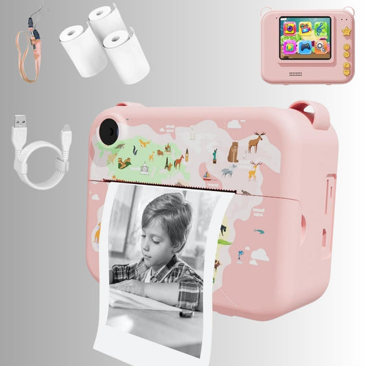 Pink instant print camera for kids with USB cable and three paper rolls, cute digital camera for girls gift