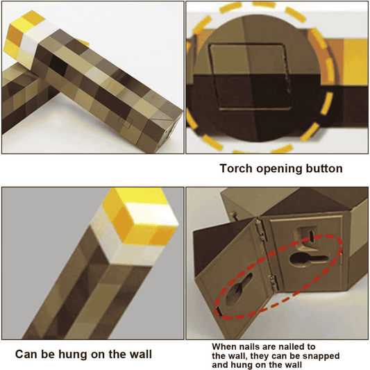 Cardboard box with a handle and opening mechanism, shown from different angles.