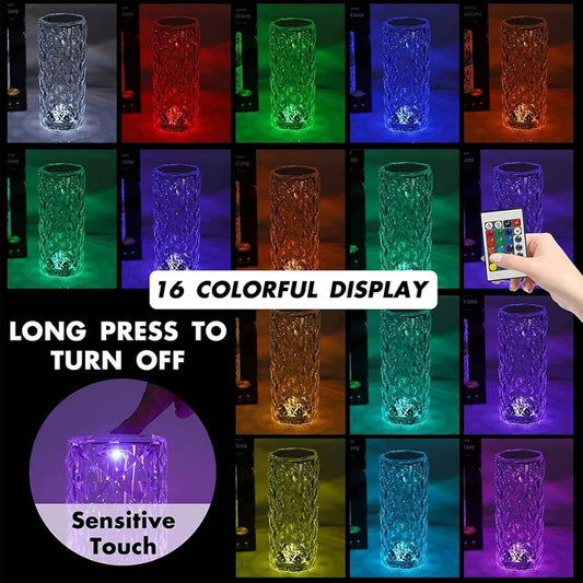 
RGB Crystal Rose Lamp showing 16 color display with sensitive touch and long-press off feature