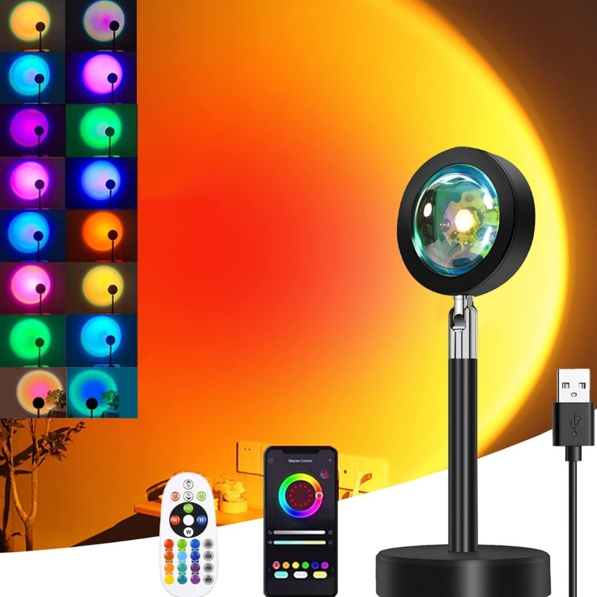 Sunset projector lamp with 16 color modes, USB cables, mobile app, and remote control in sunset background