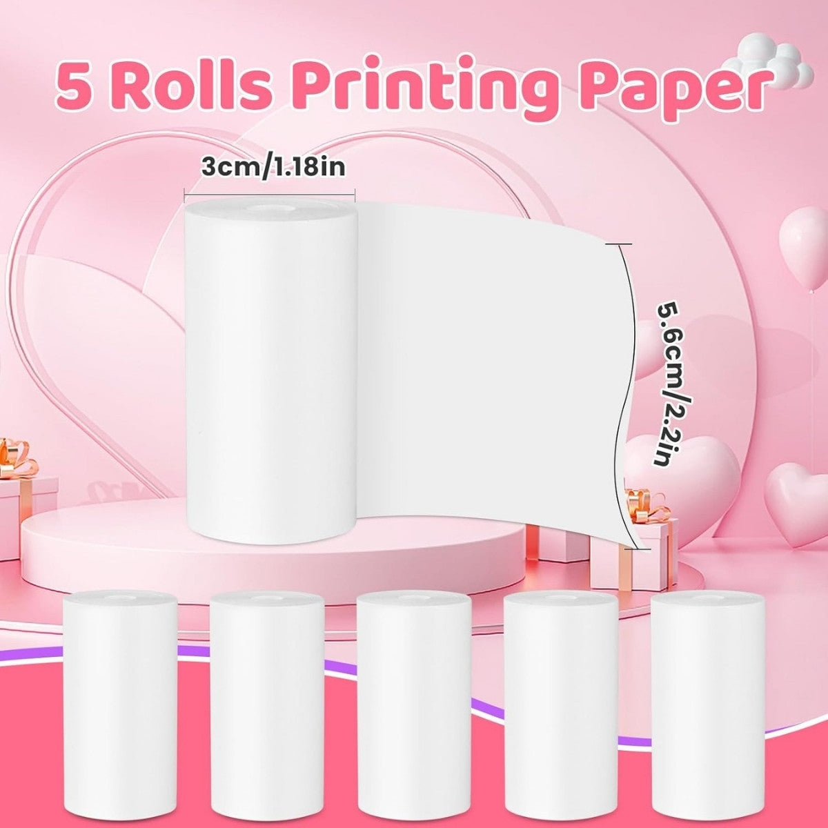 
Five thermal printer paper rolls showing paper and roll width for instant print camera
